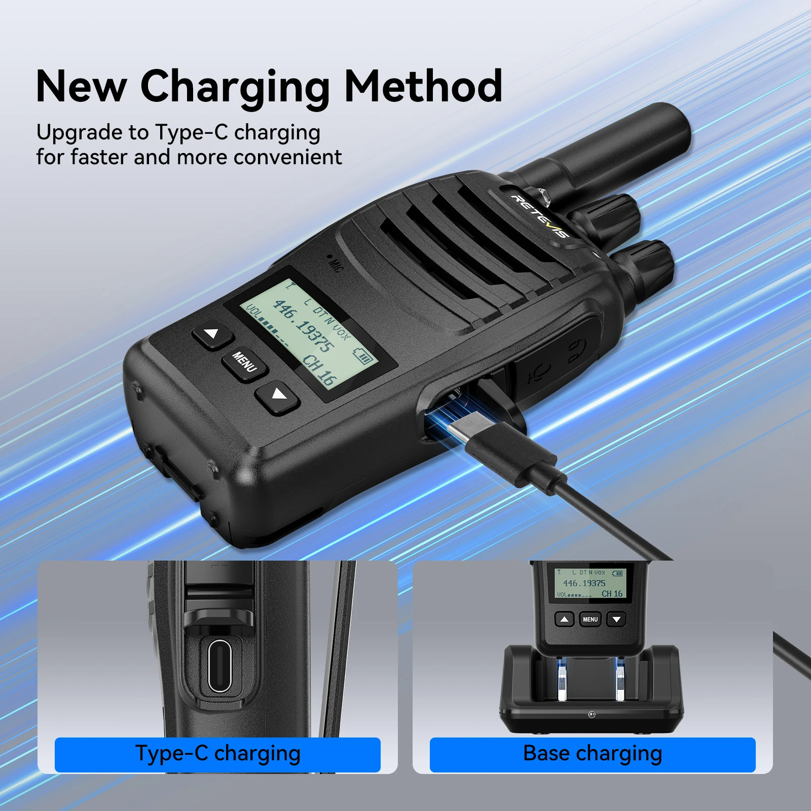 Retevis H777D (H777 mejorado) Walkie-talkie portátil con pantalla LCD, sin licencia, radio de largo alcance tipo C para camping