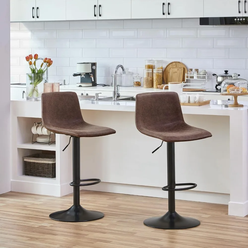 Bar Stools Set of 4, Armless Adjustable Swivel Barstools with Back and Footrest, PU Leather Counter Height Bar Chairs Brown