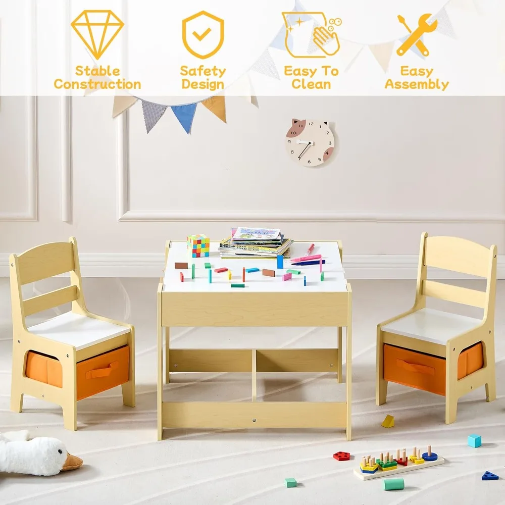 Kids Table and Chair Set, 3 in 1 Wooden Activity Table with Detachable Tabletop, Toddler Table and Chair Set with Storage Drawer