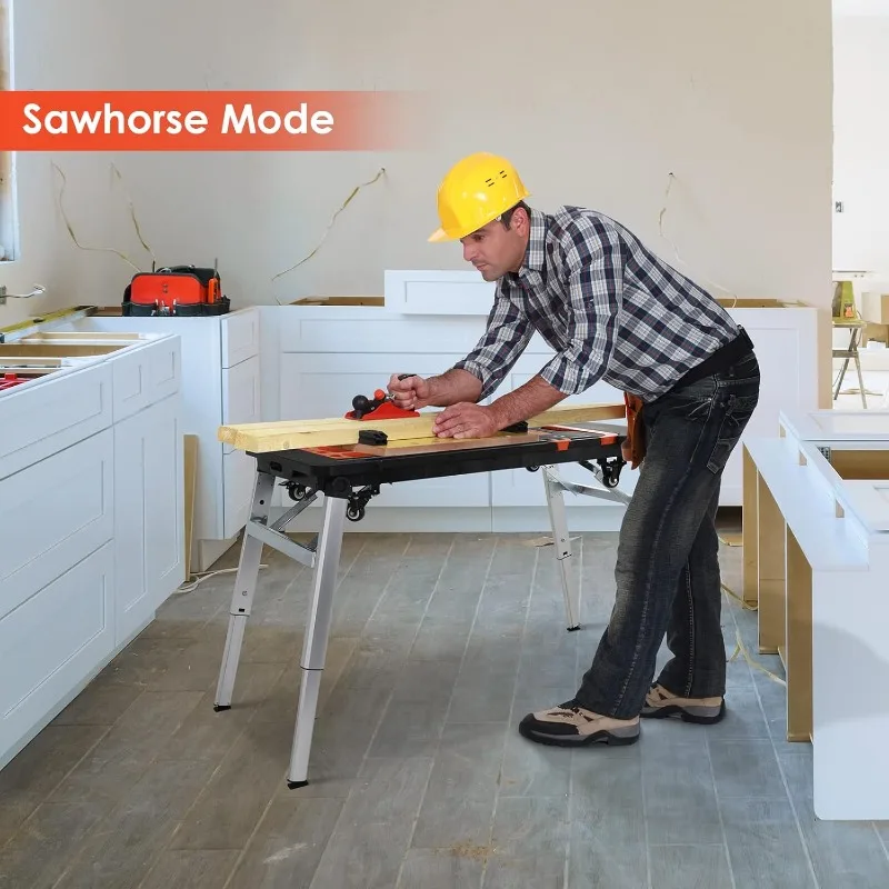 Multifunctional Folding Work Table, 7 in 1 Work Benches for Garage, as Portable Workbench, Sawhorse, Scaffold, with 4 Wheels