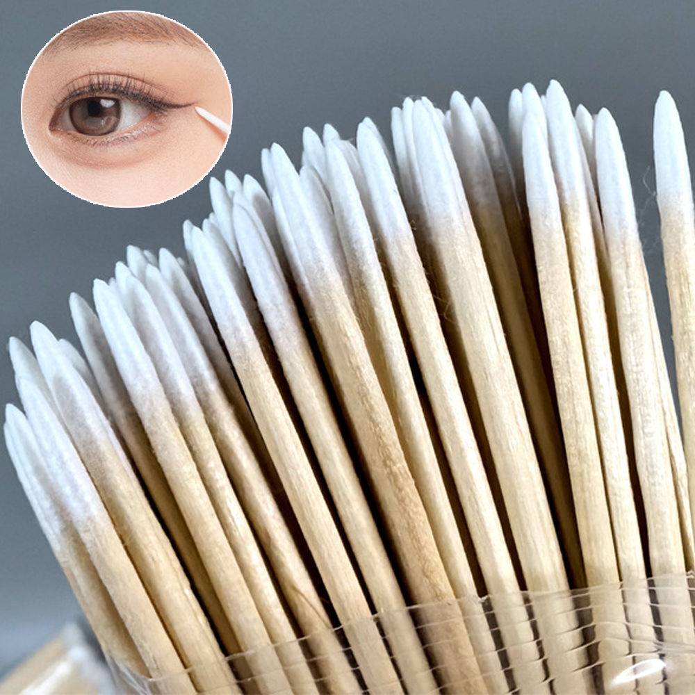 500PCS Disposable Wooden Handle Cotton Swabs Makeup Eyelash Nail Multi-functional Pointed Cotton Swabs Suitable Home Travel