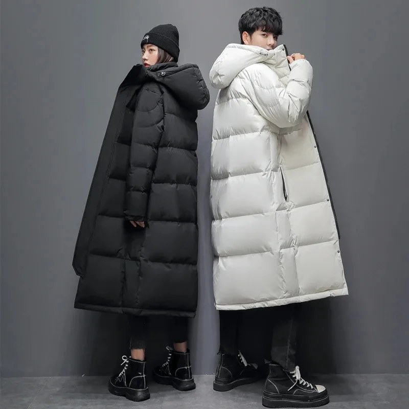 ฤดูหนาวสีขาวลงเสื้อแจ็คเก็ตผู้ชายผู้หญิง Hooded หนา Over-the-Knee PUFFER JACKET Man เสื้อกันหนาวคู่ลงเสื้อ