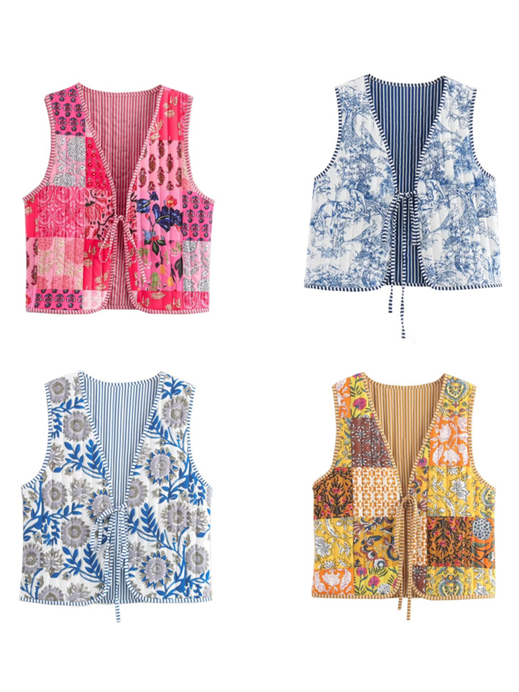 Zevity Vrouwen Vintage V-Hals Patchwork Gewatteerd Katoenen Vest Jack Dames Retro Vetersluiting Slank Vest Tops Ct6467