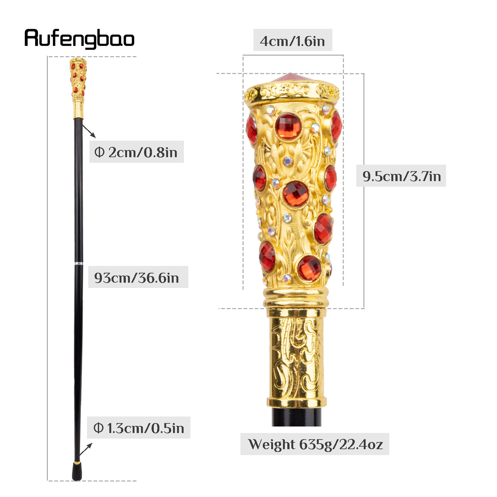 Golden Red Artificial Diamond Walking Cane, Bastão decorativo de moda, Cosplay elegante cavalheiro, Botão de crochê, 93cm