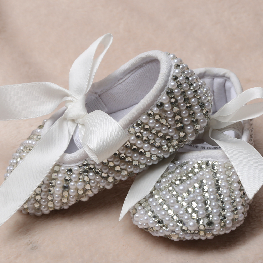 Dollbling Princess Girl Off-white Pearls Ordinal Rhinestone Comfortable Soft Cotton Inner Hook and Loop Toddler Crib Shoes