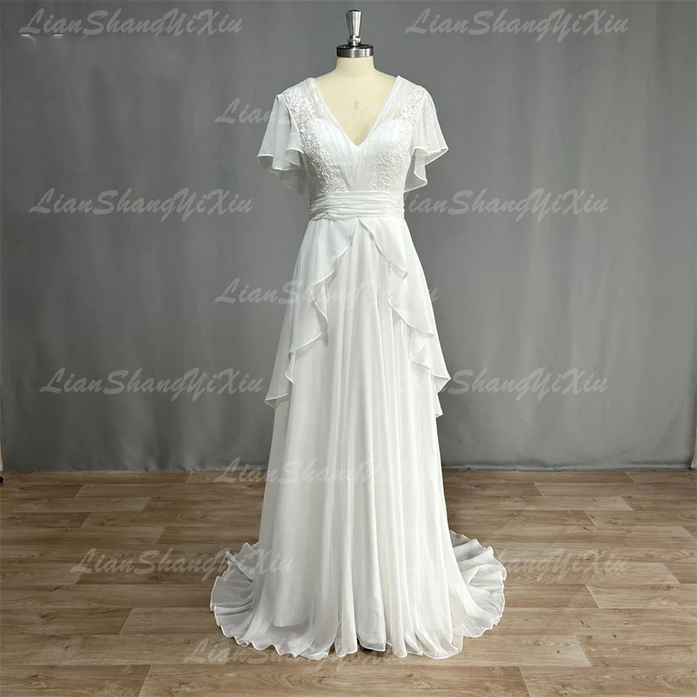 Abiti da sposa Boho personalizzati con scollo a V in chiffon A Line maniche corte Backless Piano Lunghezza Ruffles Beach Abiti da sposa Bohemian