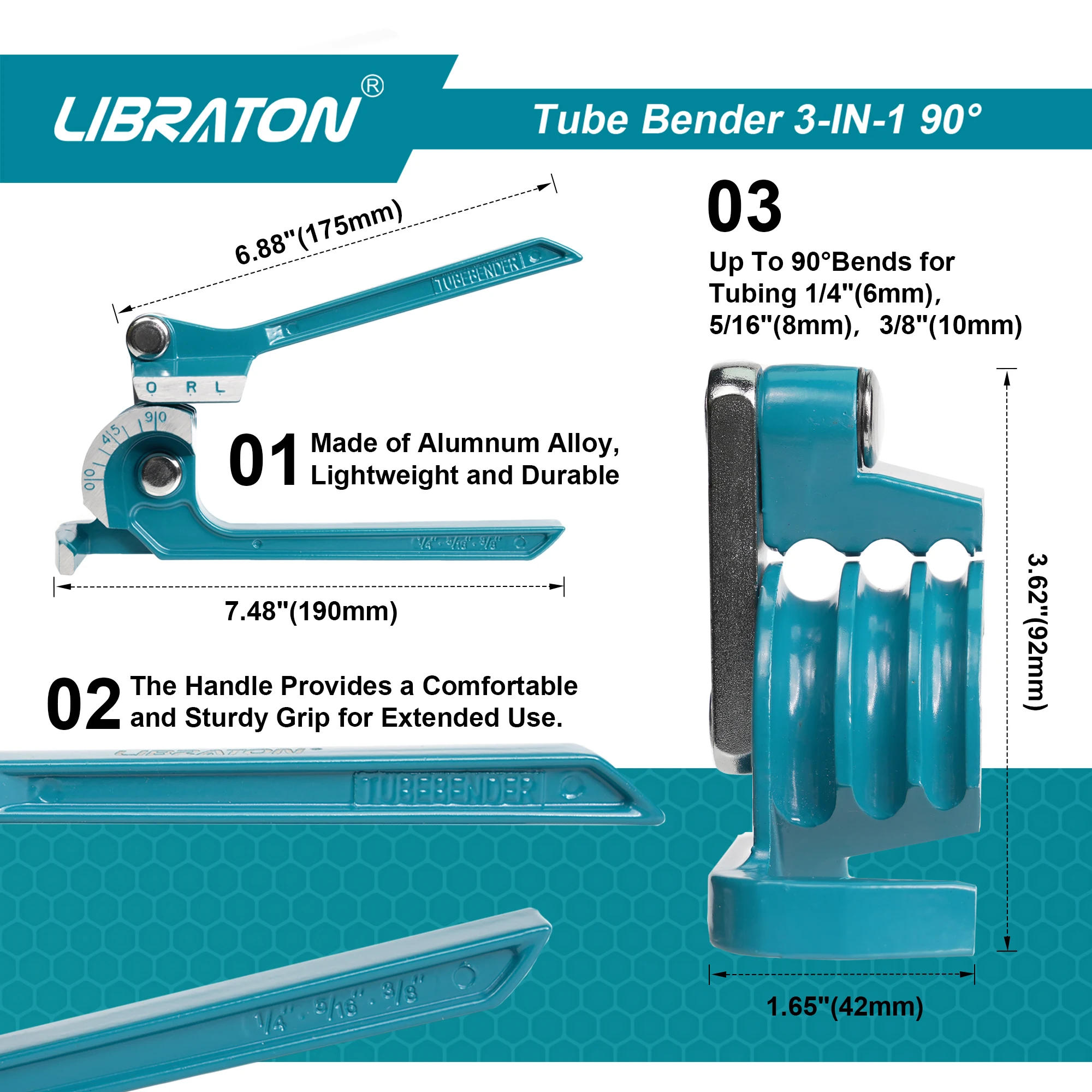 Piegatubi LIBRATON, Piegatubi, 3-IN-1, 1/4"(6mm), 5/16"(8mm), 3/8"(10mm), per tubi in rame, ottone, alluminio e acciaio sottile