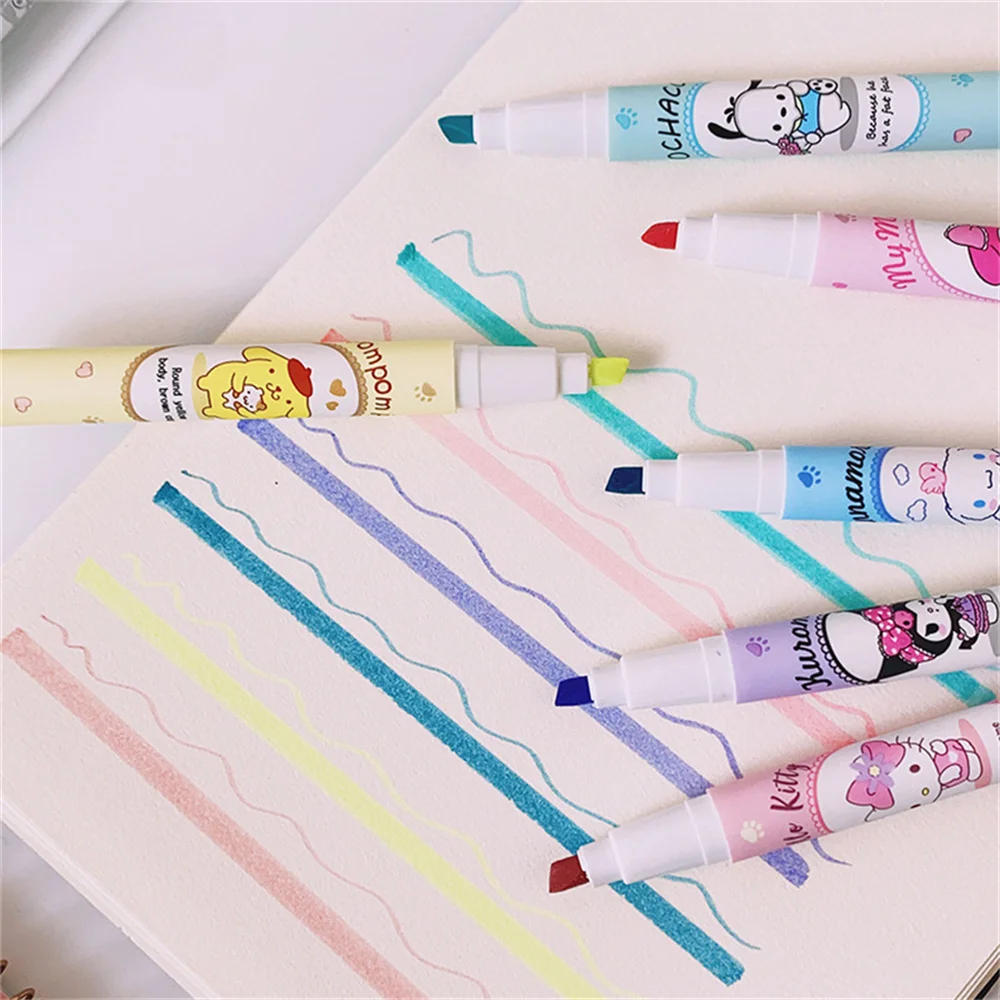 6 個サンリオ蛍光ペンセットかわいいハローキティクロミメロディシナモロールアート蛍光マーカーペン学校オフィスステーション