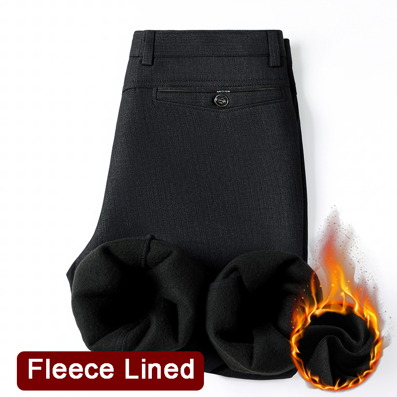 Pantalon de costume doublé polaire pour hommes, décontracté, ample, droit, noir, robe formelle, bleu marine, épais et chaud