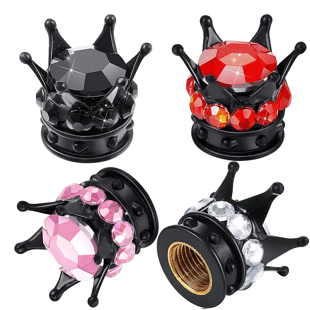 4 unids/set de tapas de vástago de válvula de diamantes de imitación ostentosos, tapas de vástago de válvula de neumático de corona cromada para coche, bicicleta y motocicleta