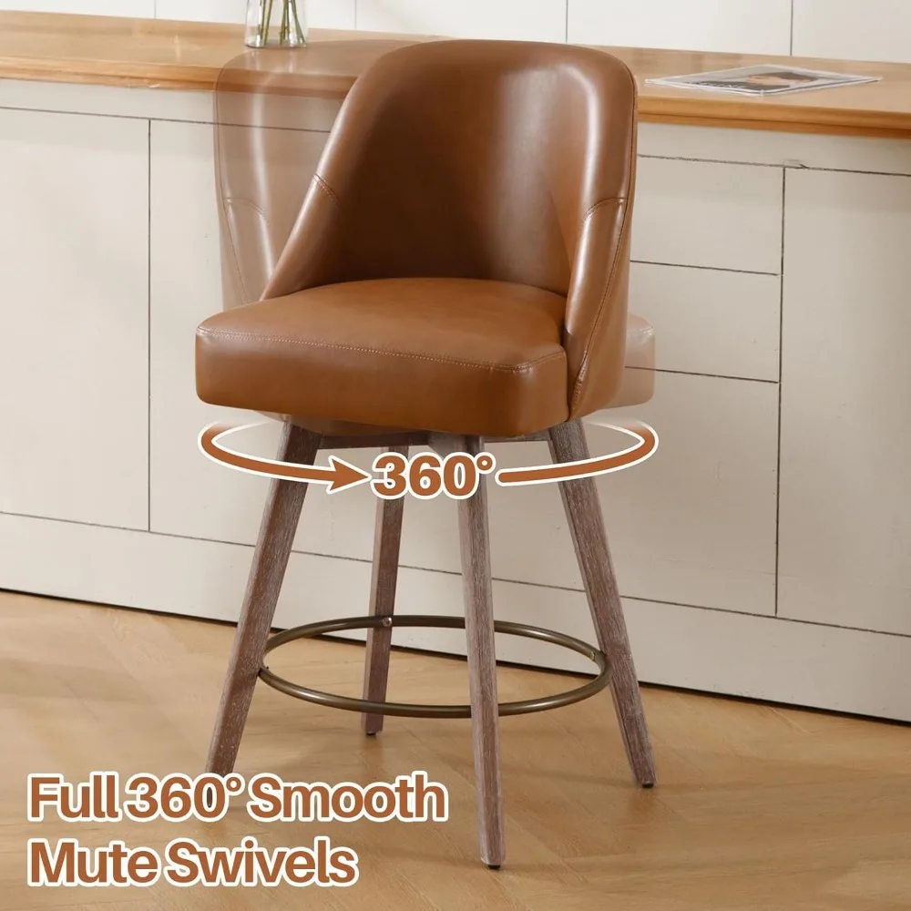 Counter Height Bar Stools Set of 2, Mid-Century Swivel Bar Chairs with Backs and Beech Wood Legs, 26 Inch Seat Height