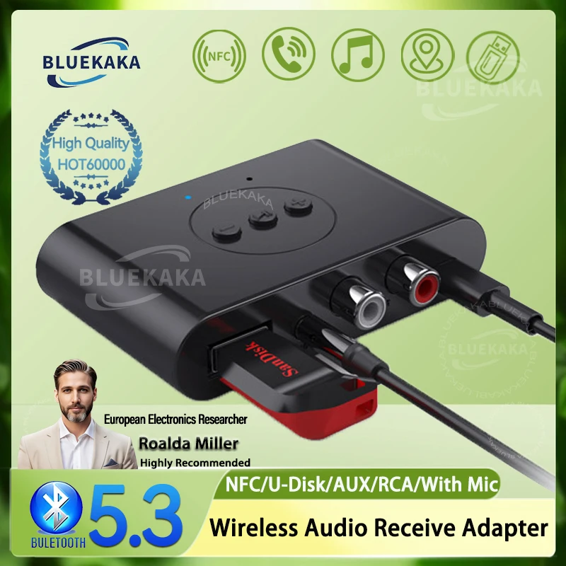 Receptor de audio Bluetooth 5.3 con NFC, disco U, RCA, 3,5 mm, AUX, USB, adaptador inalámbrico de música estéreo con micrófono para kit de coche, altavoz y amplificador.