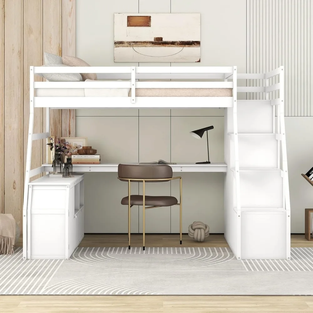 Twin Loft Bed. Twin Loft Bed with Stairs &Desk, Wood Loft Bed Frame with Storage Drawers and Cabinet,High Bed with Storage