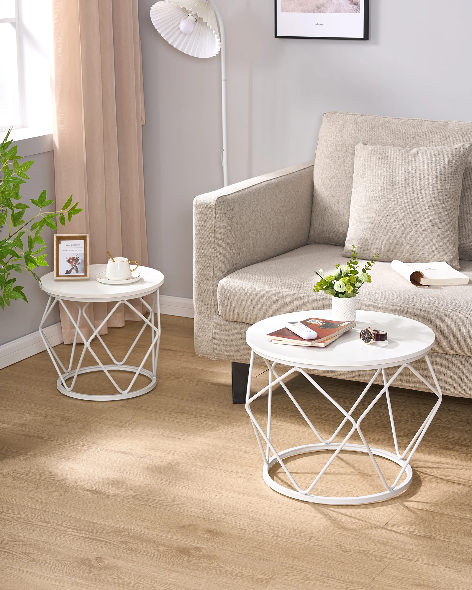 Hzuaneri Table basse ronde, lot de 2, tables d'appoint, ensemble de table d'appoint avec cadre en métal, petite table d'appoint pour salon, chambre à coucher