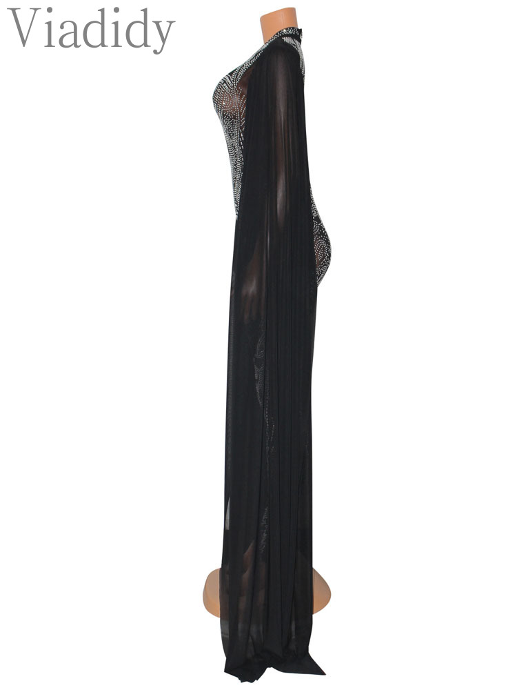 Frauen Sexy Durchsichtig Langarm Einfarbig Sheer Mesh Strass Dekor Dünne Overall