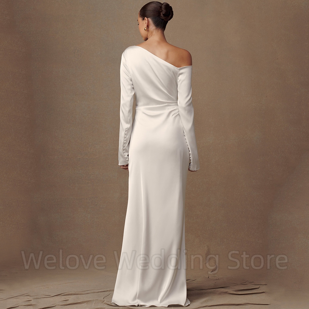 Welove Simple Boat Neck Mermaid Wedding Dress Bride Long Sleeves Off the Shoulder with Buttons Soft Satin Customized Gowns