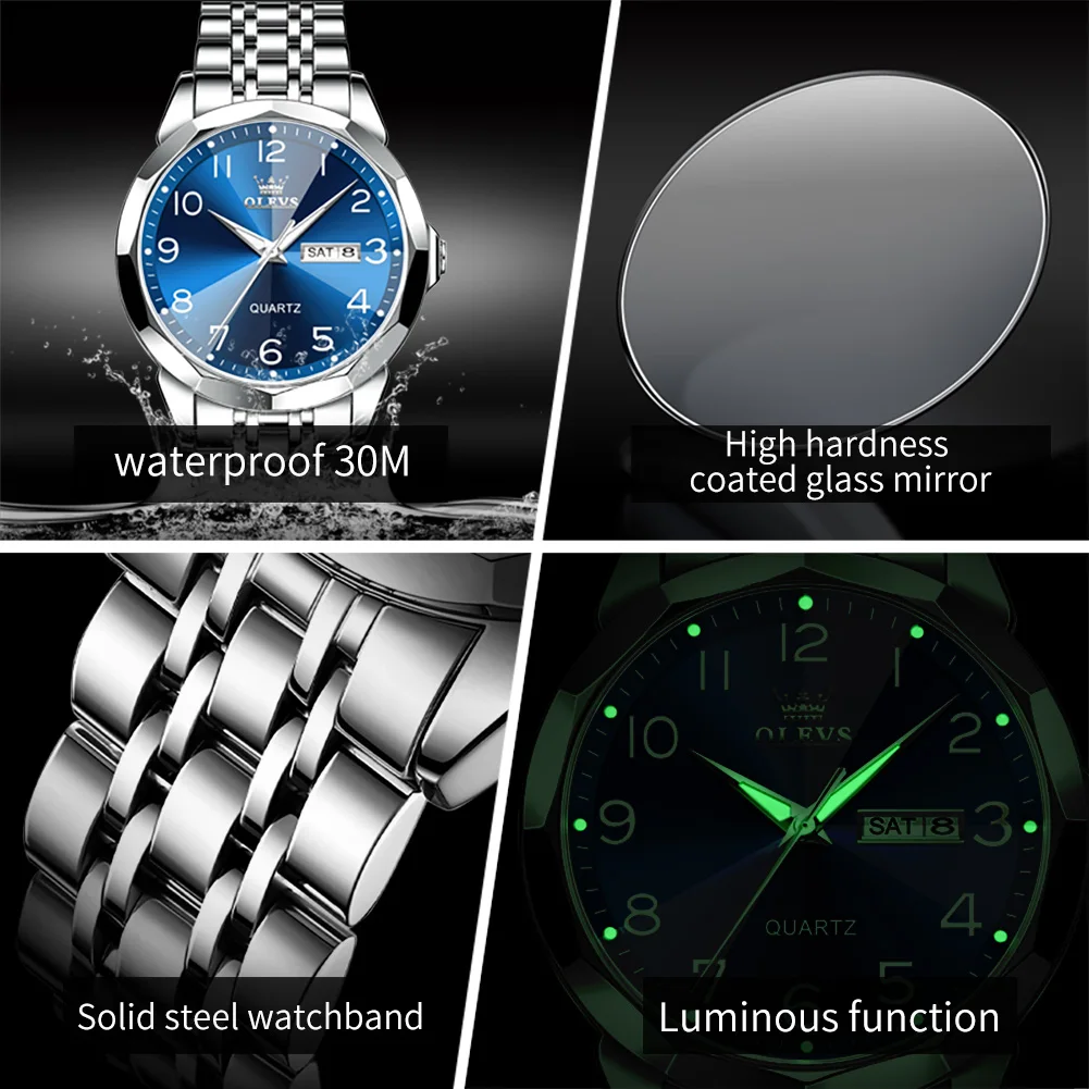 OLEVS, relojes originales resistentes al agua para hombre, reloj de cuarzo con espejo Digital para hombre, reloj de pulsera luminoso de acero inoxidable, fecha y semana para hombre