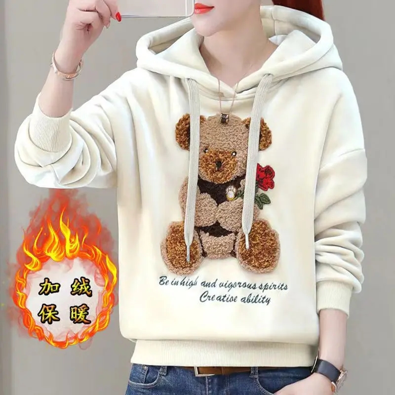 เสื้อสเวตเตอร์มีฮู้ดกำมะหยี่สีทองปักสองด้านสำหรับผู้หญิงเสื้อคลุมหลวม2024ฤดูใบไม้ร่วงฤดูหนาว