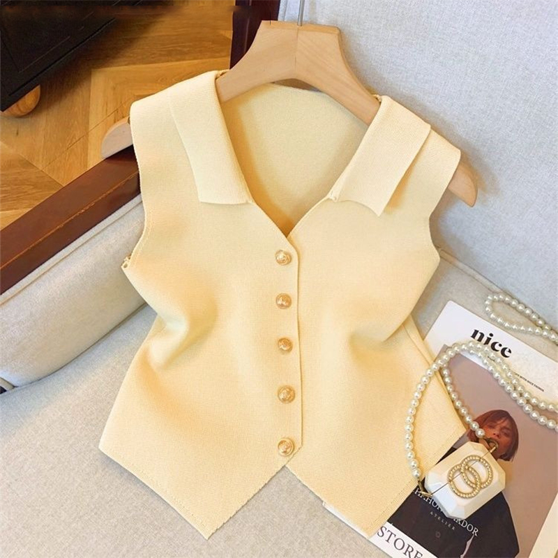 1 Uds. Chaleco de punto ajustado sin mangas con cuello en V y temperamento francés para mujer