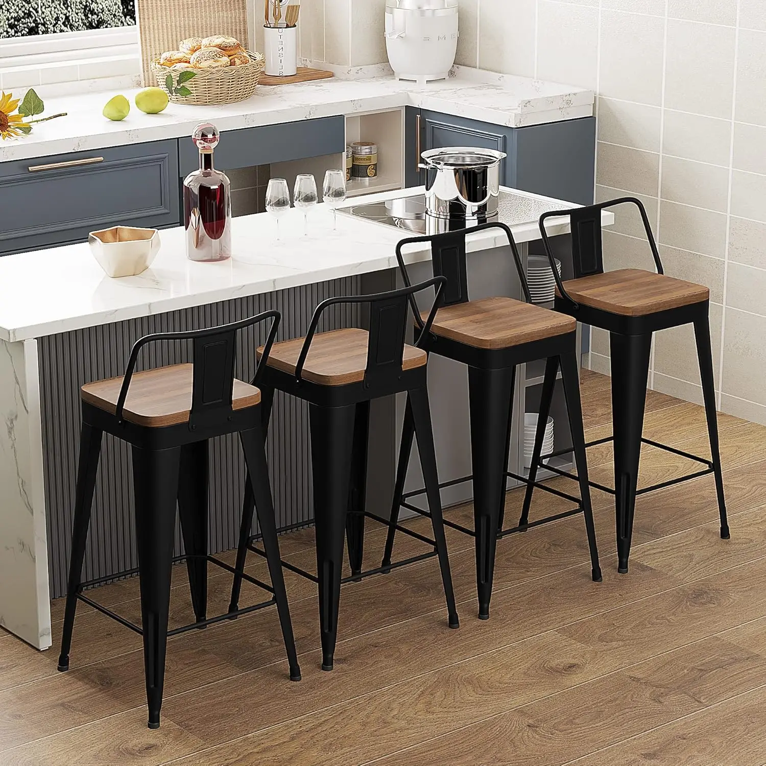 Metal Bar Stools Set of 4 Counter Height Bar Stools Barstools with Removable Back 26" Kitchen Bar Stools with Wooden Se