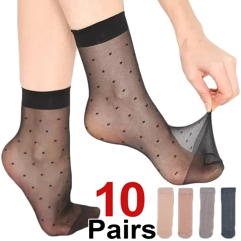 Calcetines transparentes de lunares negros, calcetines elásticos ultrafinos de seda de cristal para mujer, calcetines tobilleros cortos de nailon a la moda para verano