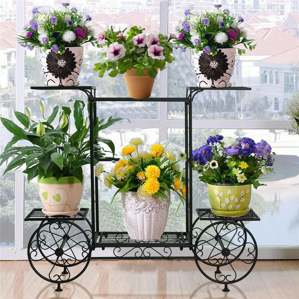 Grande supporto per piante in metallo Carrello da giardino per interni a 6 livelli Porta piante Piante in ferro battuto Espositore Scaffale Decorazione per esterni Giardino