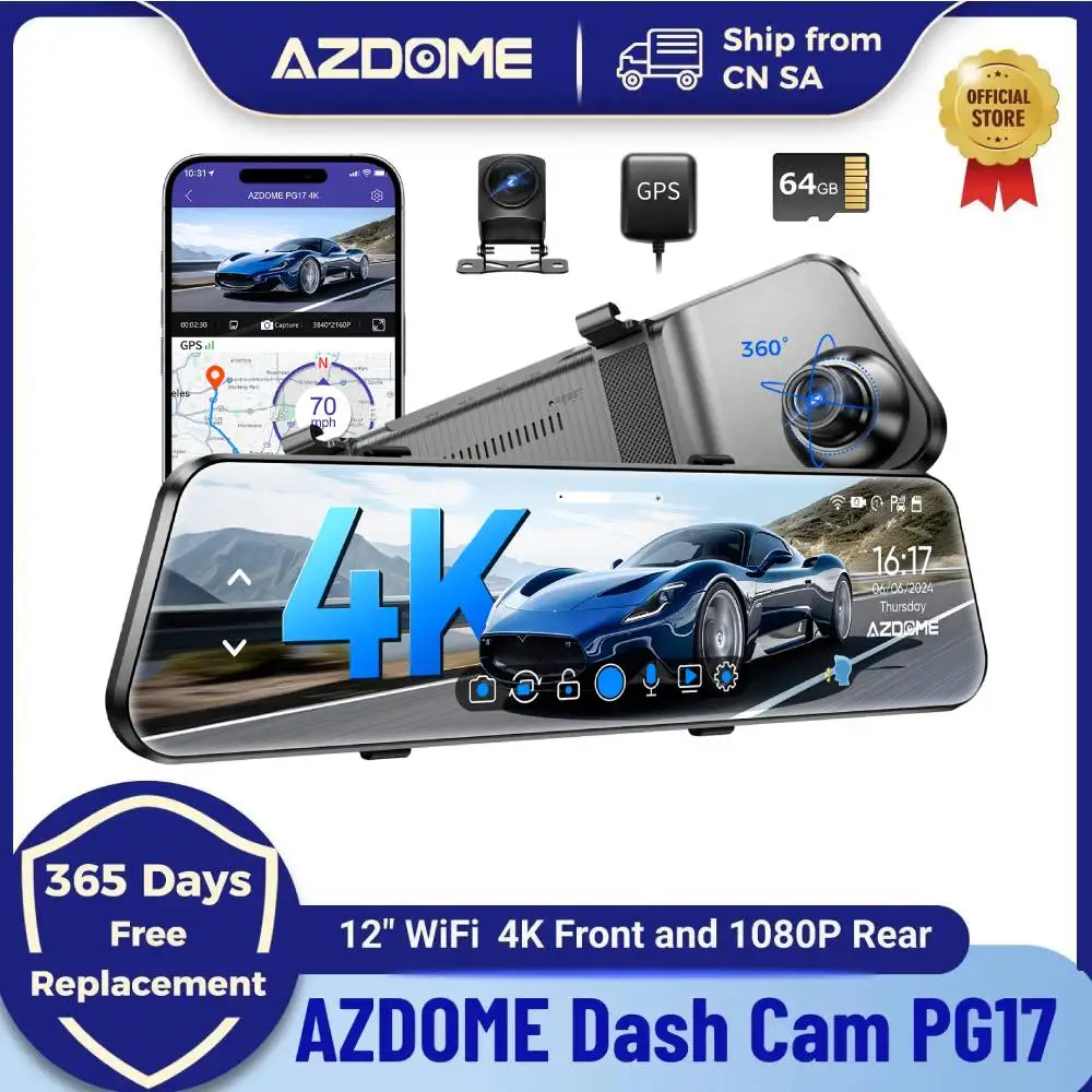 AZDOME PG17 12 "WiFi espejo Dash Cam 4K frontal y 1080P cámara de espejo retrovisor para coches cámara Dual cámara de respaldo impermeable