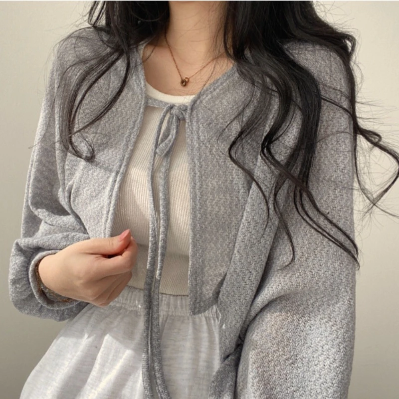 Cárdigan blanco fino para mujer, Tops de punto con cordones y protección solar de verano, Top informal de estilo coreano con manga acampanada, Top corto con protección solar