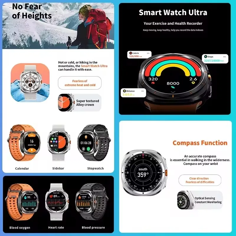 Galaxy Watch 7 Ultra GPS Compass NFC Smart Watch 47mm Clone Version AMOLEL BT Call lP68 Galaxy 6 Upgraded Smartwatch for Samsung