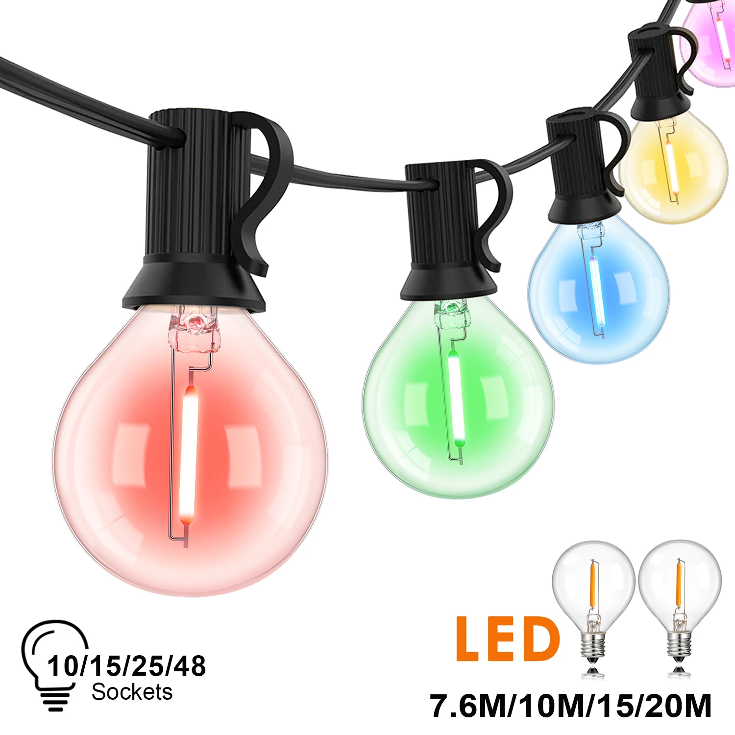 50FT RGB Garland Outdoor String Lights Wodoodporny G40 Kolorowy do łączenia Wianek ogrodowy Kolorowy wiszący łańcuch świetlny