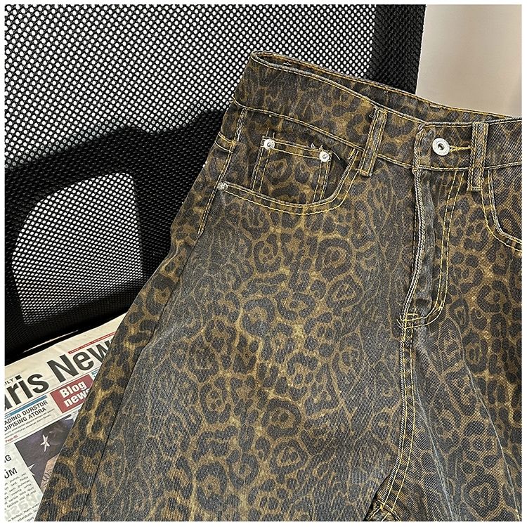 Retro primavera na moda leopardo impressão jeans feminino americano calças de rua alta y2k harajuku estilo baggy cintura alta calças casuais