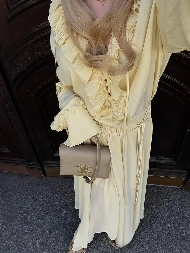 Kondala vintage chique amarelo amarrar blusa feminina com decote em v babados manga longa rendas arco camisas moda 2025 primavera verão blusas