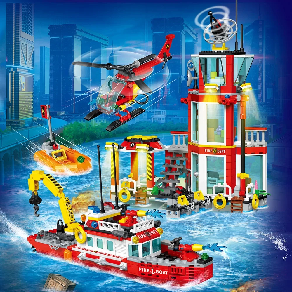 Estação de bombeiros cidade océanos blocos compatível conjunto de bombeiros com estação de bombeiros helicóptero barco de resgate de bombeiros