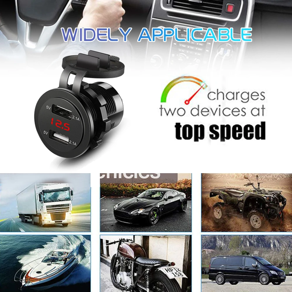 4.2A/5V Dual USB Car Charger Socket Waterproof Fast Charge Adapter Power Outlet With Voltmeter For Car Marine Motorcycle