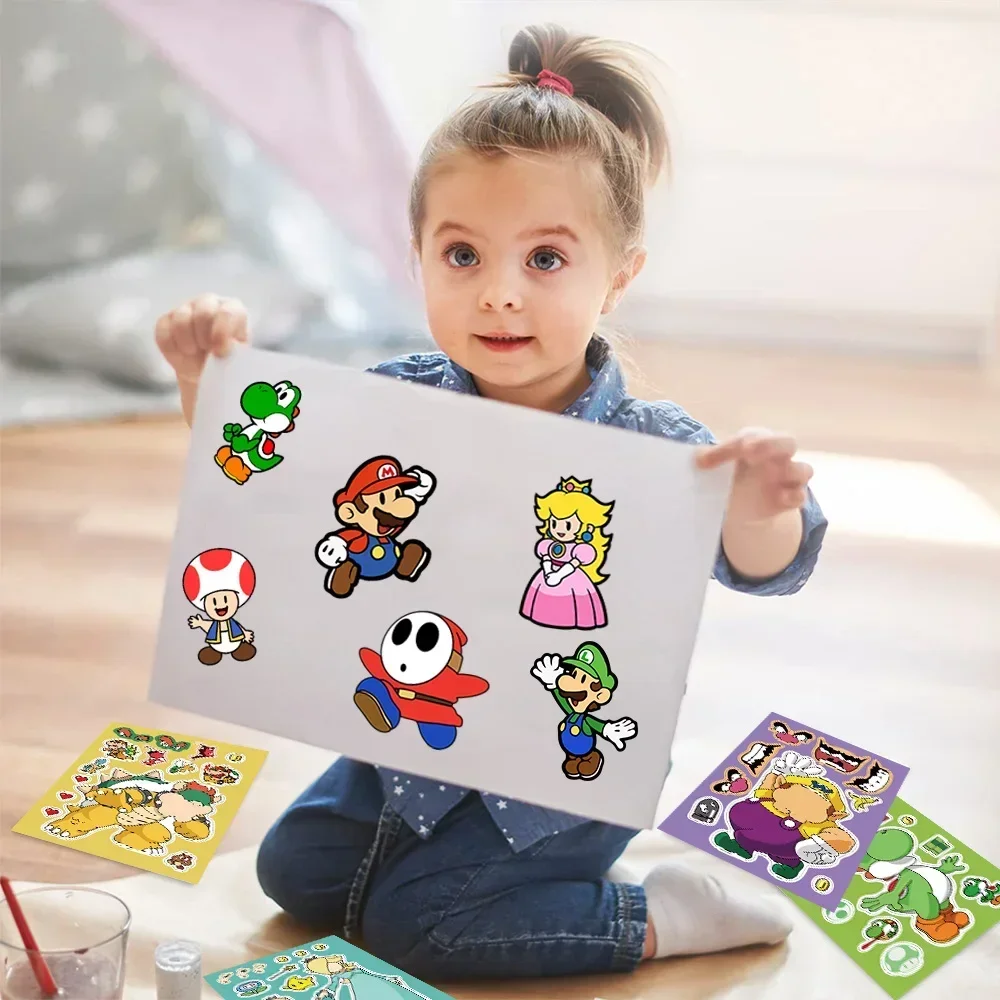 8/16Sheets Super Mario Bros Puzzle Sticker DIY Children Funny Games Make-a-Face Assemble Decal Jigsaw Sticker Kids Toys Gift