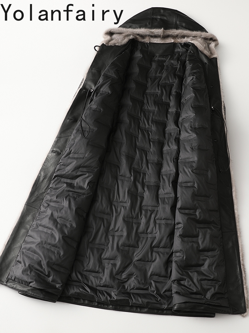 YOLANFAIRY 100% véritable peau de mouton en cuir véritable veste femmes à capuche hiver longues doudoune col de fourrure de vison noir manteaux bouffants