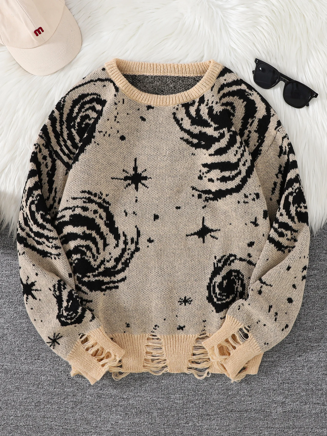Neuer beliebter Street Ripped Abstract Starry Sky Pattern Pullover Zerrissener Pullover Lässiger Rundhals-Strickpullover für Herren