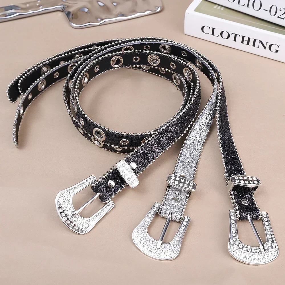 Y2k moda feminina sólida impressão cravejada completa strass cinto de couro do plutônio bling cristal ajustável glitter cintura para festa do clube