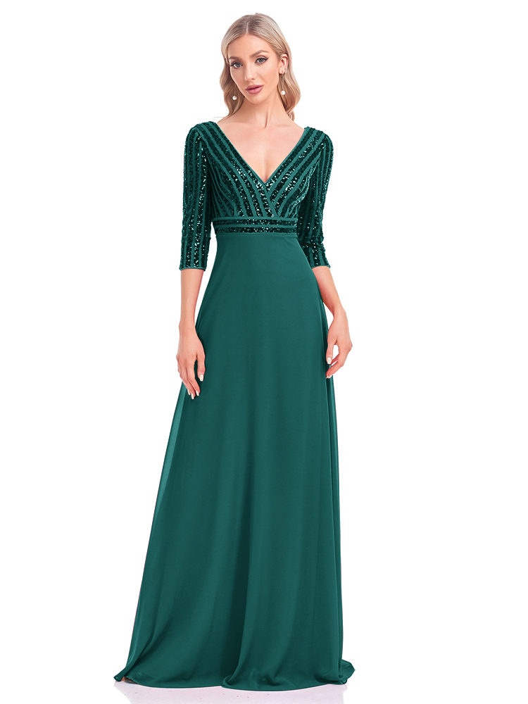 Lucyinlove Elegant Sequined แขนยาวชุด V คอชุดราตรีสีชมพูงานแต่งงาน Graduation Prom Dresses สําหรับผู้หญิง 2024