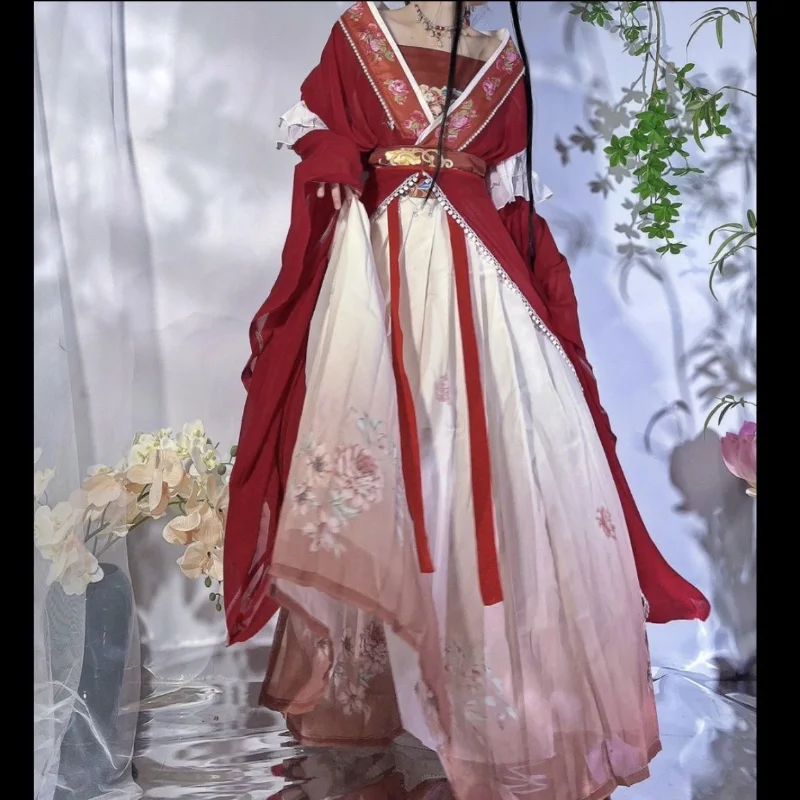 Retro estilo chinês vermelho vestido hanfu cosplay feminino tradicional impressão saia longa 5 peça conjunto elegante meninas festa saia conjunto