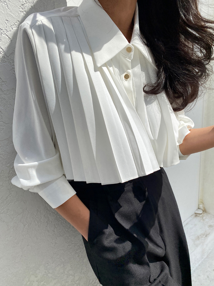 Black Pleated High Waist Women's Polo Shirt Spring Design Short Sle Versatile Top Korean Version Commute Long Sleeve Shirt