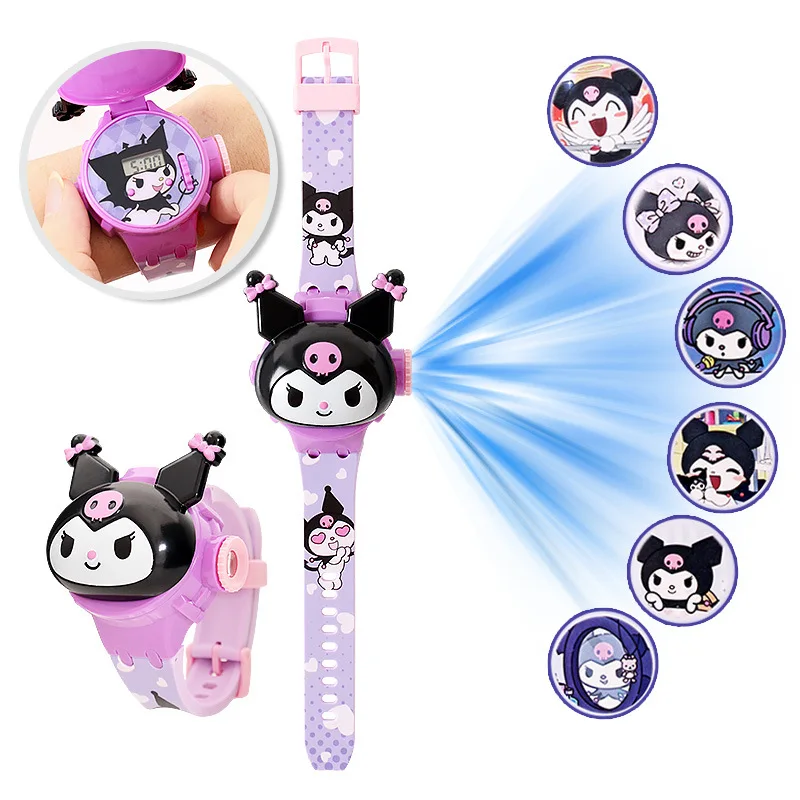 3D รูปแบบโปรเจคเตอร์ Hello Kitty นาฬิกาเด็กการ์ตูนใหม่ Kuromi LED นาฬิกาของเล่นเด็กสายรัดข้อมือนาฬิกาของขวัญ