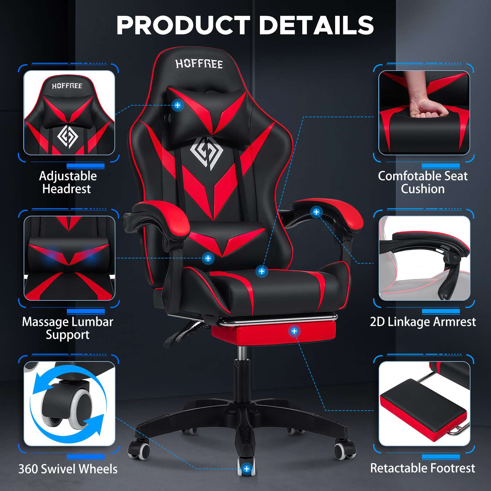 Chaise de jeu ergonomique avec massage et repose-pieds, support lombaire, dossier haut, chaise de jeu E-Sports