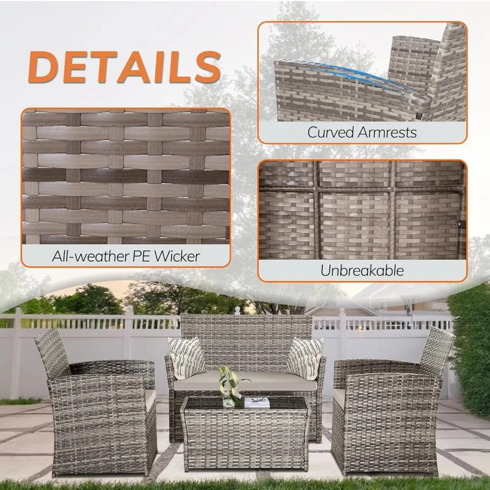 4 Piece Patio Furniture Set,Outdoor Wicker Conversation Sets,Rattan Sectional Sofa W/Coffee Table,Seat Cushions