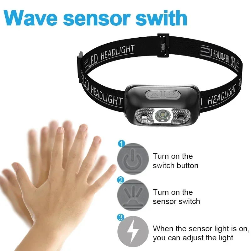 Luz forte farol mini led noite pesca poderosa tocha cabeça lâmpada ao ar livre à prova dwaterproof água acampamento portátil led sensor faróis