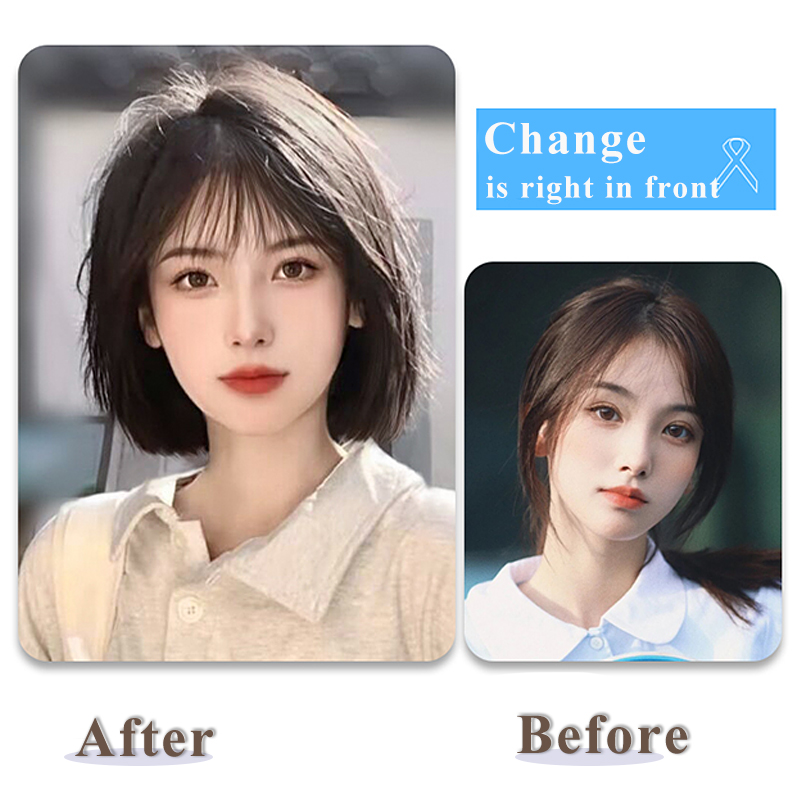 ALXNAN 合成ショートストレートボブウィッグ前髪付きナチュラルブラックウィッグ女性のための日常コスプレパーティー耐熱偽毛