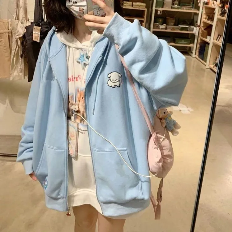 ญี่ปุ่น Kawaii Zip Up Hoodies ผู้หญิงสาวหวาน Star กราฟิกเย็บปักถักร้อย Hooded Sweatshirts Kpop น่ารักสบายๆหญิง