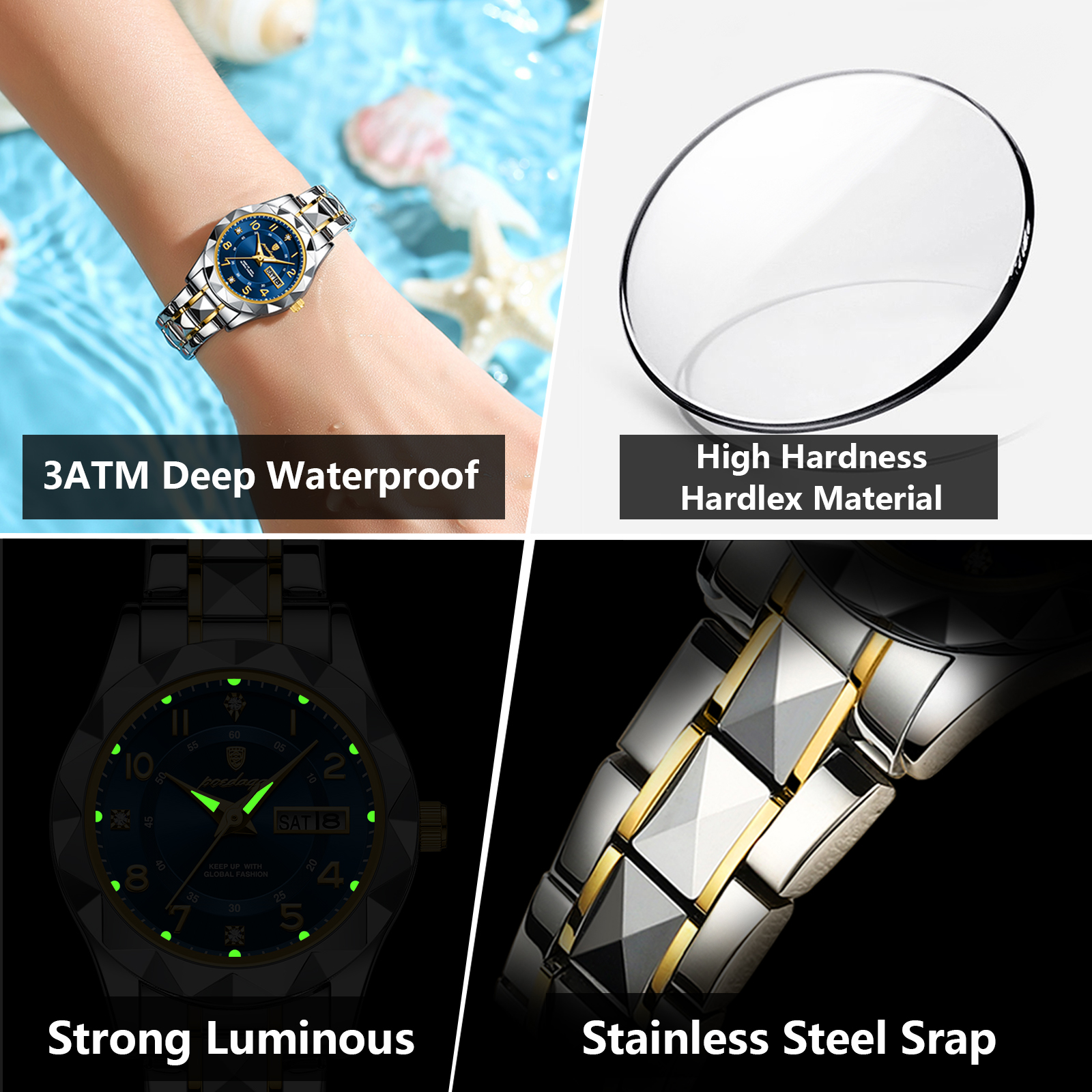POEDAGAR, relojes de lujo para mujer, resistente al agua, luminoso, con fecha, semana, reloj para mujer, vestido de cuarzo de acero inoxidable, reloj para mujer
