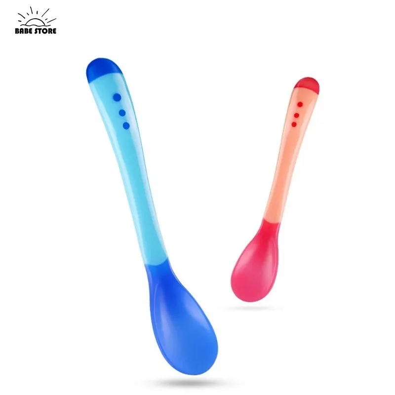 Cuchara para bebé, cuchara sensible al calor con sensor de temperatura, adecuada para alimentación de cabeza de silicona para niños, vajilla para bebé, 1 ud.