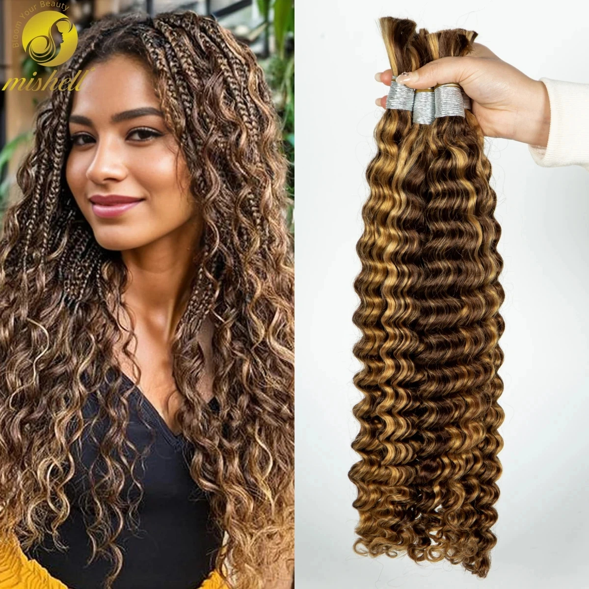 26 28 นิ้ว Deep Wave Highlight Ombre Bulk Human Hair สําหรับ Braiding ไม่มี Weft 100% Virgin Hair Curly Extensions สําหรับ Boho Braids